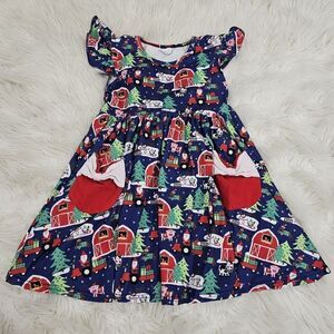 Christmas Dress Christmas On The Farm Barn Girls Xl Fits 5-6 Flutter Dress